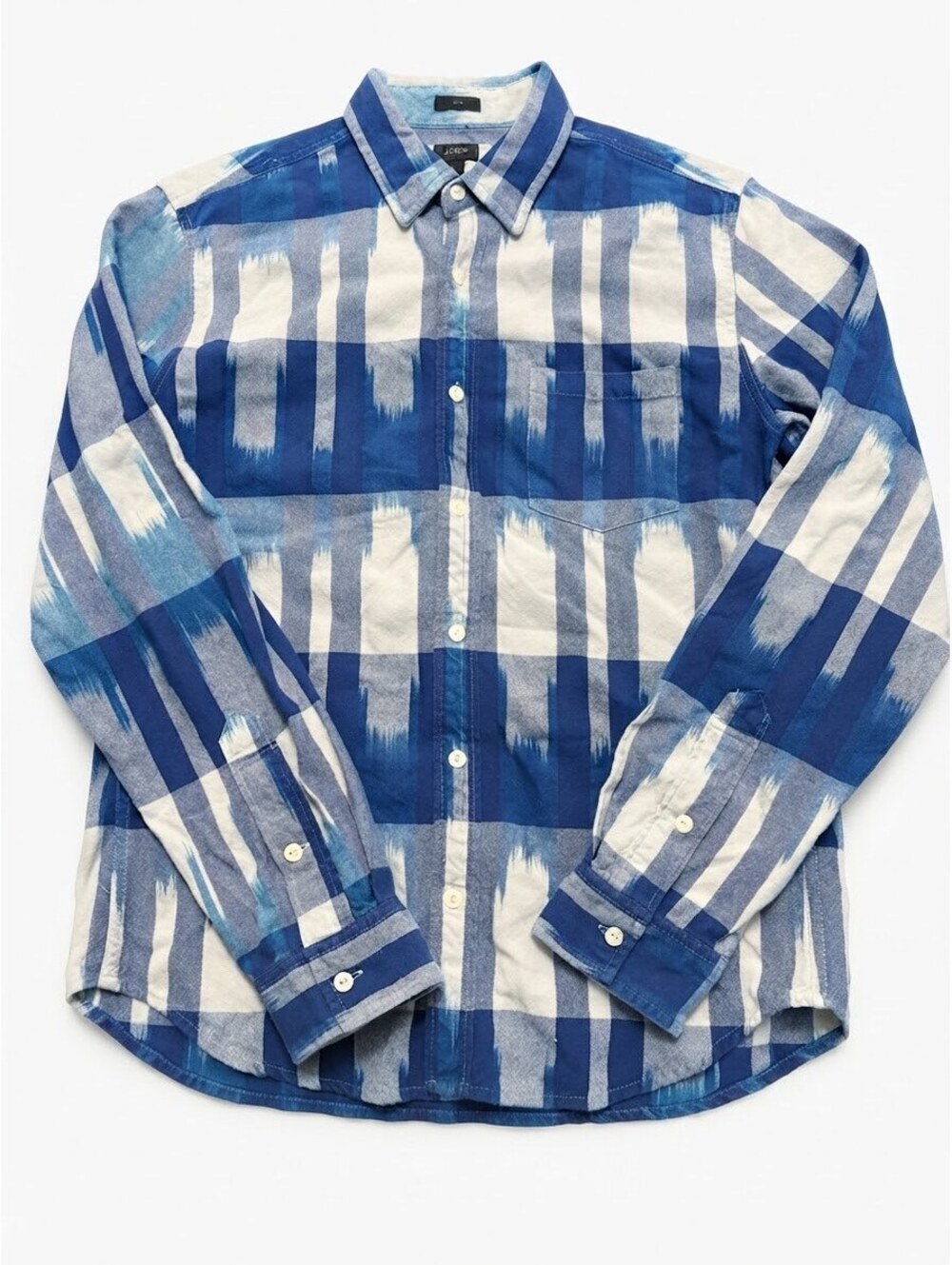 J.Crew Men's Medium Slim Fit Blue White Ikat Plaid Button Down Shirt Long Sleeve